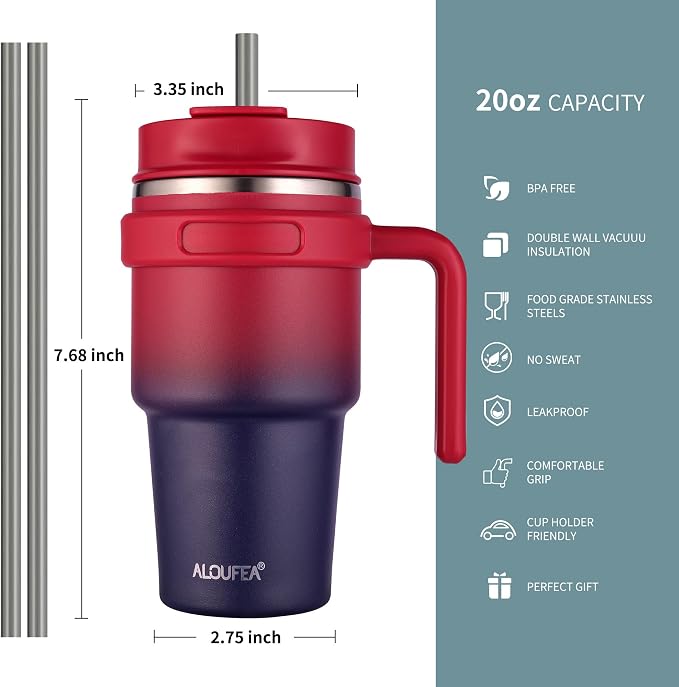 20 oz Insulated Travel Coffee Mug Tumbler with Handle and Straw | Leakproof Stainless Steel Coffee Cup with Lid, Double Wall Vacuum Ice Thermal Cup, Dark Rainbow