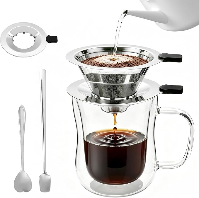 Pour Over Coffee Maker with glass Cup, 2-in-1 Immersion & drip coffee maker, Stainless Steel reusable coffee filter, Fits 3.3–4 Inch Cups, manual coffee brewer for Home Office Travel