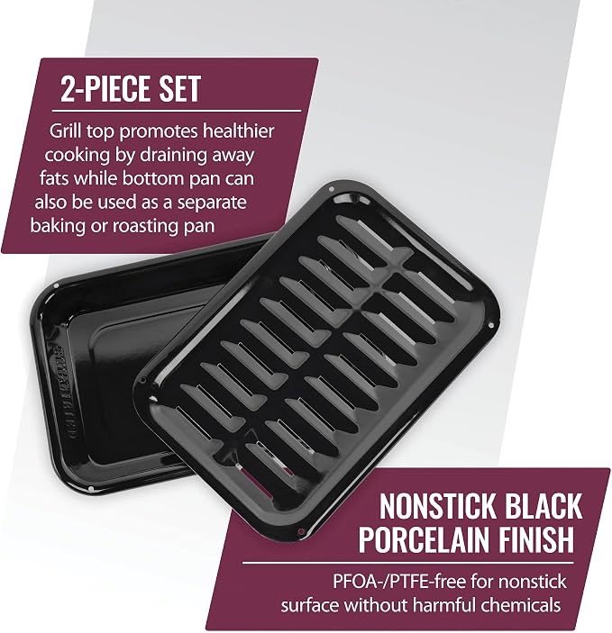 Small 2-Piece Broiler Pan & Grill Set Porcelain-on-Steel 13"x8-3/4"x1-3/8" Broiler Pan for Oven, Black Whirlpool 4396923, Maytag, Kitchen-Aid replacement