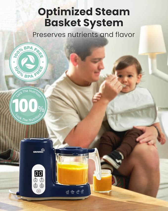 Grownsy Baby Food Maker, Steam & Blend Baby Food Processor, Dark Blue | BPA-Free Elevated Steam Basket, Healthy Homemade Baby Food Purees, Starting Solids & BLW, Baby Feeding Essentials, 6+ Months