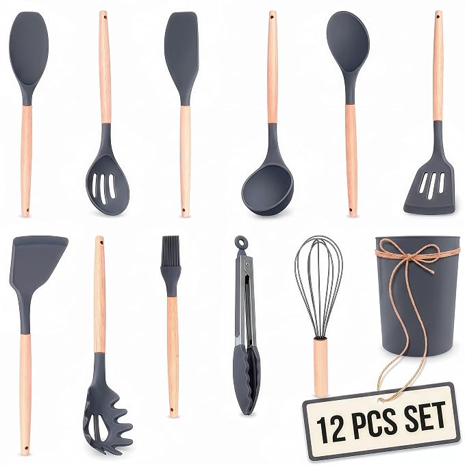 12 Pcs Gray Kitchen Utensils Set with Holder for Nonstick Cookware | Silicone Cooking Utensils Set for BBQ; Heat-Resistant Tools with Wooden Handles for Baking, Serving, Frying, and Mixing