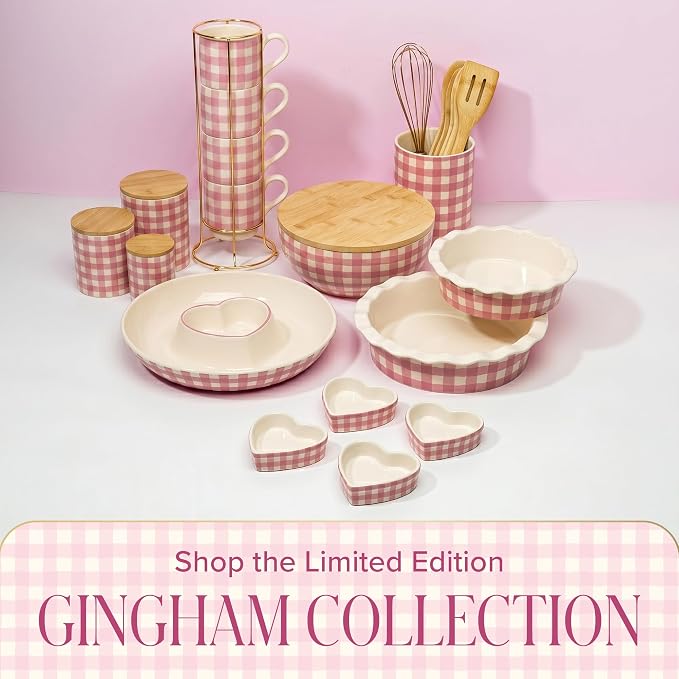Paris Hilton Ceramic Pie Dish Set, 7-Inch and 9-Inch Stoneware Baking Dishes with Fluted Rim and Gingham Design, Oven Safe up to 450°F, 2-Piece, Pink