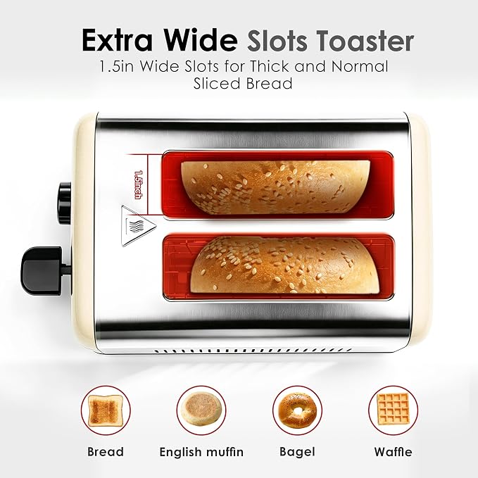 Toaster 2 Slice, Stainless Steel, 6 Shade Settings, 1.5" Extra Wide Slots | NEXFIT Retro Toaster with Bagel, Defrost, Reheat & Cancel Functions, 900W, Removable Crumb Tray, High Lift, Cord Wrap, Beige