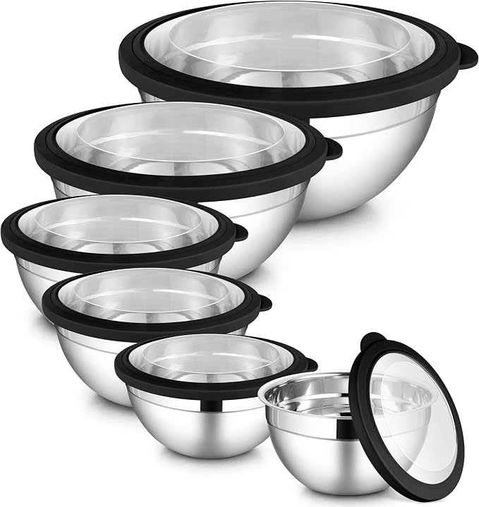LIANYU Stainless Steel Mixing Bowls Set, Large 7, 3.5, 2.5, 2, 1.5, 1QT | 6 PCS Metal Nesting Bowls with Transparent Airtight Lids, Serving Bowl Set for Home Kitchen, Dishwasher & Freezer Safe, Black