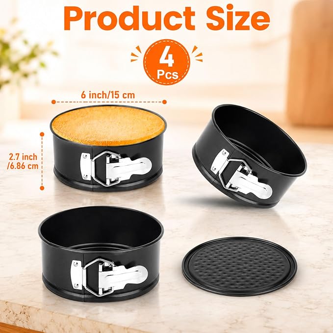 4 Pcs 6 Inch Springform Pan for Cheesecake Mini Round Non Stick Spring form Pan for Cheesecake Baking Home Kitchen Tabletop Baking (Black)