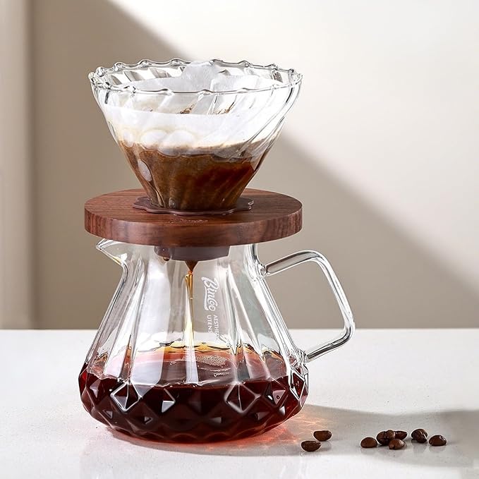 Bincoo Pour Over Coffee Maker&Dripper, Style Cone Filter + 600ml Glass Coffee Server, Manual Coffee Brewer Set, Reusable Coffee Filter Holder, Great Gift for Coffee Enthusiasts