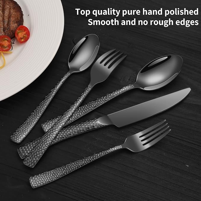 Remoxye 40-Piece Silverware Set, Black Hammered Stainless Steel Flatware Sets for 8, Food-Grade Tableware Set, Including Fork Knife Spoon Set, Durable Home Kitchen Cutlery Sets, Dishwasher Safe