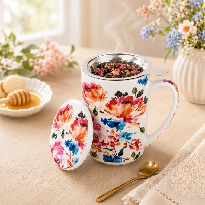 GBhome Tea Mug with Infuser and Lid,18 Ounce Ceramic Loose Leaf Cup Steeper | Lead-Free Glaze For Tea Lovers,Microwave & Dishwasher Safe with Tea Strainer