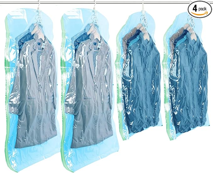 TAILI Hanging Vacuum Storage Sealer Space Saver Bags for Clothes, Coat, Closet Organizers, 4 Pack (2 Long, 2 Short) Blue | Vacuum Seal Bags for Clothing Travel, Winter Clothes Storage Closet Organizers, Garment, Coats, Suits and Jackets
