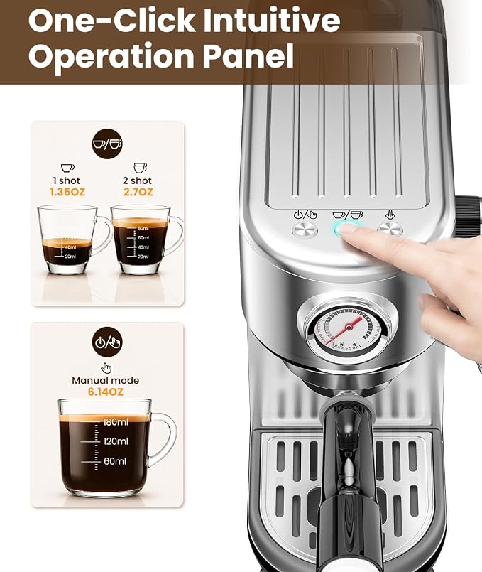 atatix Espresso Machine with Milk Frother, 20 Bar Pressure Espresso Maker | with 44OZ Removable Tank, Compact Stainless Steel Coffee Machine for Home, Office, Latte, Cappuccino, Macchiato, Silver