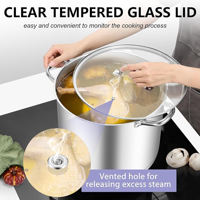 TeamFar Stainless Steel Stock Pot, 14QT Tri-ply Bottom Large Stockpot | Cooking Soup Pot with Lid, for Induction Gas Electric Glass Tops, Non Toxic & Sturdy, Straight Side & Various Stovetops Safe