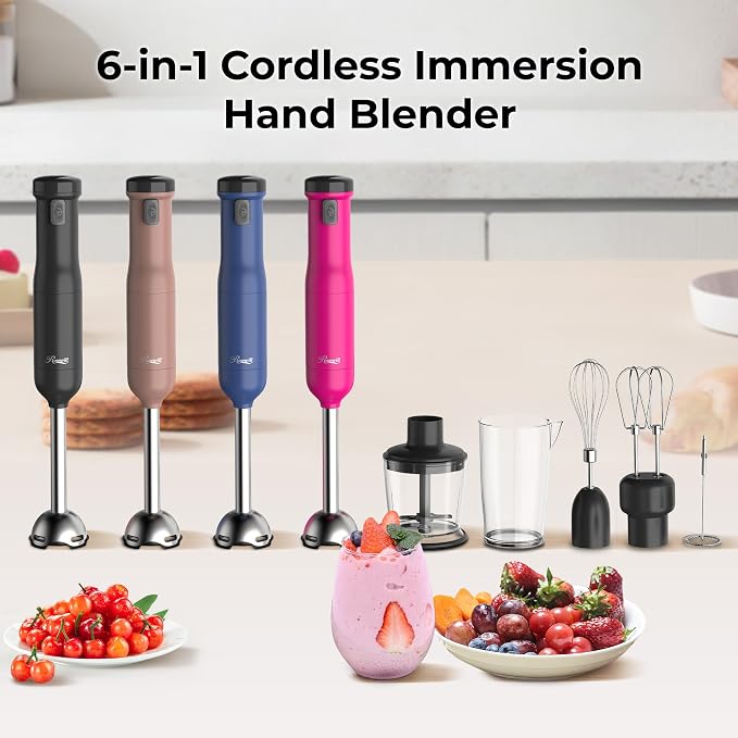 Rosewill 6-in-1 Multi-Speed Cordless Rechargeable Immersion Hand Blender, Heavy Duty Motor - Stick Blender, Beaker, Whisk, Chopper, Dual Beater, Milk Frother - For Smoothies, Baby Food, Soup - Rose