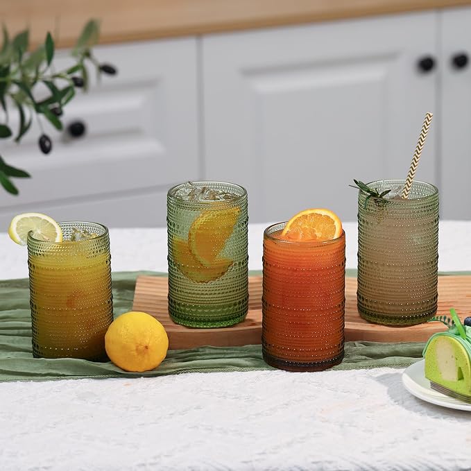 Moretoes 15oz Green Hobnail Drinking Glasses Set of 6 | Vintage Highball Glass Cups, Kitchen Drinkware Glassware for Beer,Cocktail,Whiskey,Juice and Various Mixed Drinks