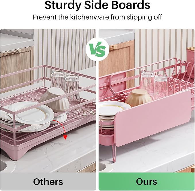SNTD Large Dish Drying Rack for Kitchen Counter, Expandable, Pink | Stainless Steel Dish Drainer, Adjustable Length 18.9''-29.3'', Automatic Drainage, 360° Spout, Cutlery Holder with Knife Slot