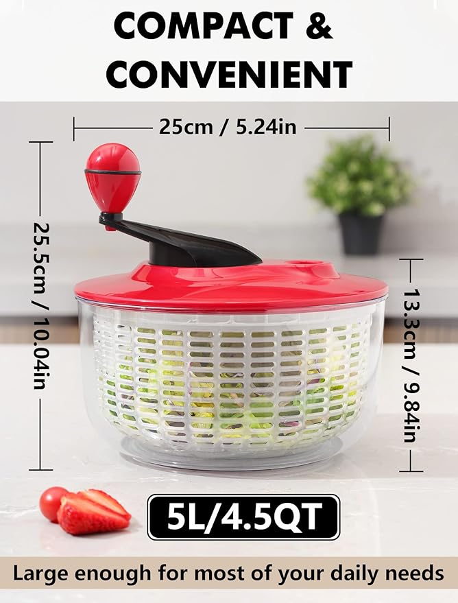Geedel Large Salad Spinner, 4.5QT Lettuce Dryer for Greens, Fruits, Veggies | Lettuce Spinner with Enhanced Ergonomic Crank, Fast Drying, Sturdy Bowl, 360° Non-Slip Silicone Base, No BPA, Dishwasher safe