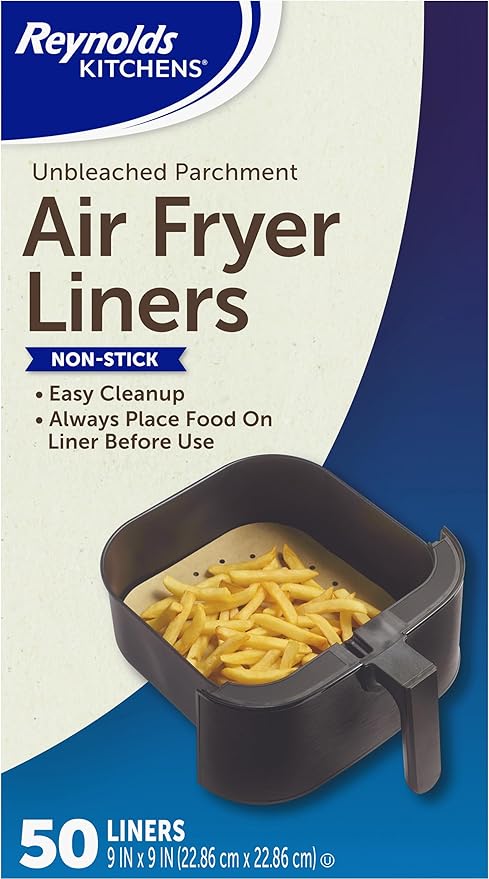 Reynolds Kitchens Air Fryer Liners Disposable, Unbleached Parchment Paper Sheets, 50 Count | Pre-Cut Disposable Parchment Paper Sheets, Fits Round and Square Air Fryers, Safe Up To 400F, Perforated For Better Airflow