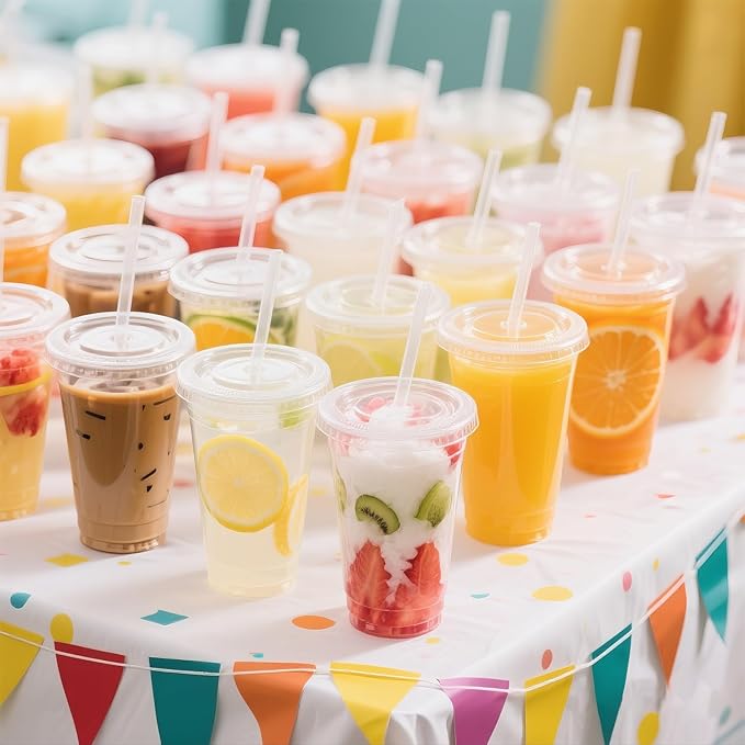 Ginkgo 32 oz Clear Plastic Cups with Lids and Jumbo Straws | Leak-Proof & Sturdy Disposable To Go Iced Coffee Cups for Smoothie, Boba Milk Tea - 50 Pack