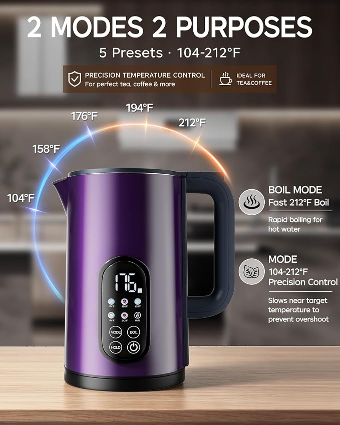 1.7L Stainless Steel Electric Kettle with Temperature Control – Purple | 5 Preset Temperatures for Tea & Boiling Water, 2H Keep Warm, 1200W BOIL Mode, 304 Stainless Steel Interior, Cordless Base