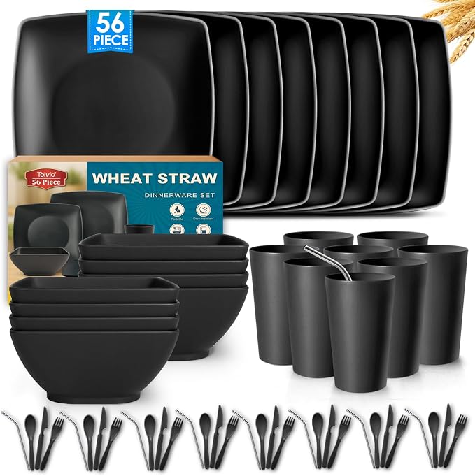 Teivio 56-piece With Flatware Kitchen Plastic Wheat Straw Square Dinnerware Set for 8, Unbreakable Dinner Plates, Snack Bowls, Tumblers 13.5 oz, Dishwasher Safe, Black