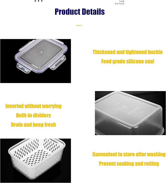 Fruit and Vegetable Storage Containers for Fridge, 6 Pcs/3 Sets Keep Fresh Produce Saver Containers Keeper, Food Storage Containers with Removable Colander (blue)