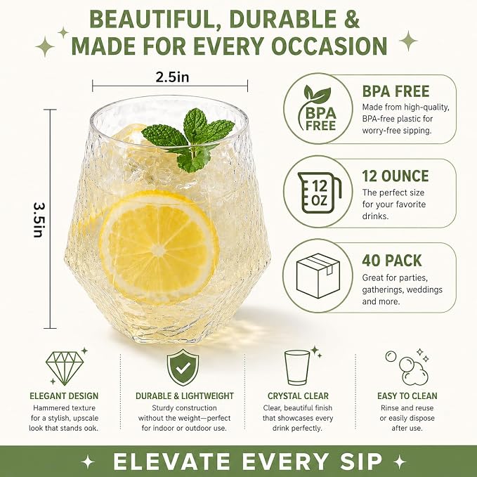 40 Pack Disposable Plastic Wine Glasses 12 oz Diamond Stemless Clear Cups | Cocktail Whiskey Champagne, Shatterproof BPA-Free Reusable Recyclable, Hammered Design for Wedding Party Birthday