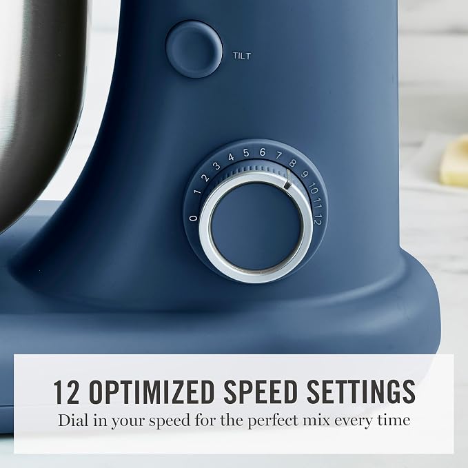 Martha Stewart 5.3QT Tilt Head Stand Mixer, 12 Speeds, Stainless Steel Bowl | Dough Hook, Stainless Whisk, Beater, Removable Splash Shield, Bread, Cake & Whipping, Electric Kitchen Mixer, Indigo Blue