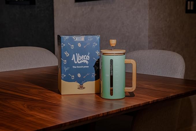 French Press 34 oz Coffee Maker | Mint Green | Thick Borosilicate Glass | Bamboo Handle 2-Layer | Stainless Filter and cover | Easy Clean Eco-Friendly Gift ready Set