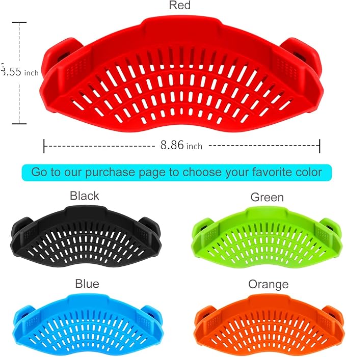AUOON Clip On Strainer for Pots, Standard 8.86 x 3.55 in, Red | Food-grade Silicone, Fits Pots Pans Bowls, Dishwasher Safe, for Pasta Noodles Vegetable Fruits, Space-saving Kitchen Gadget