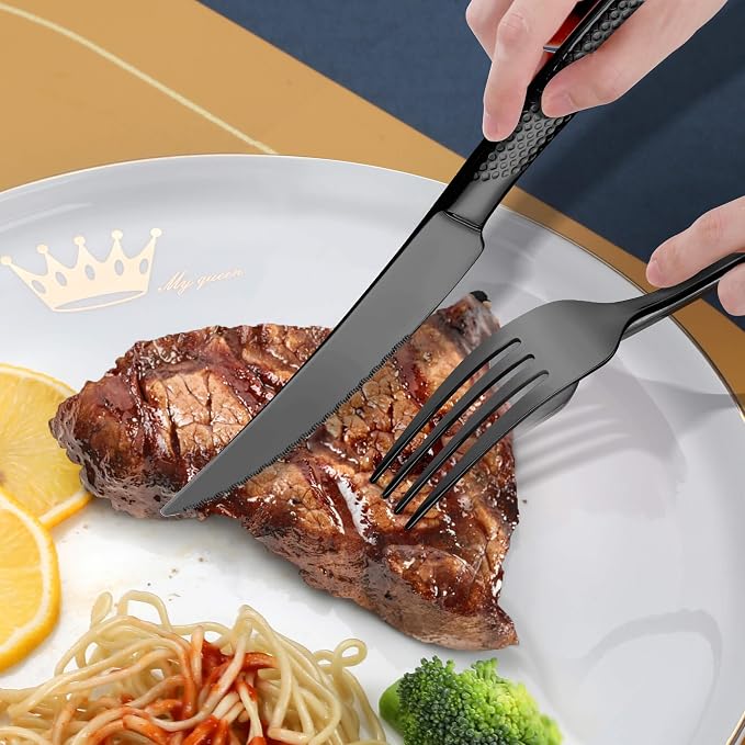 Hammered 30-Pieces Set Black Silverware Set for 6 with Serrated Forging Knives,18/10 Stainless Steel Modern Flatware Set,Unique Cutlery Set,Mirror Polished,Dishwasher Safe