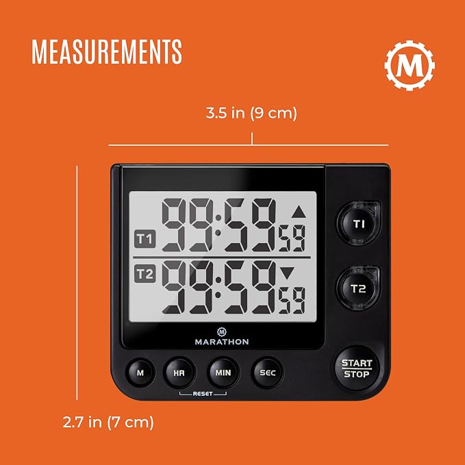 MARATHON Dual Digital Timer, 100-Hour Count Up/Down, Large Display, Black | Adjustable Alarm Volume, Flashing Visual Alert, Magnetic Back and Tabletop Stand