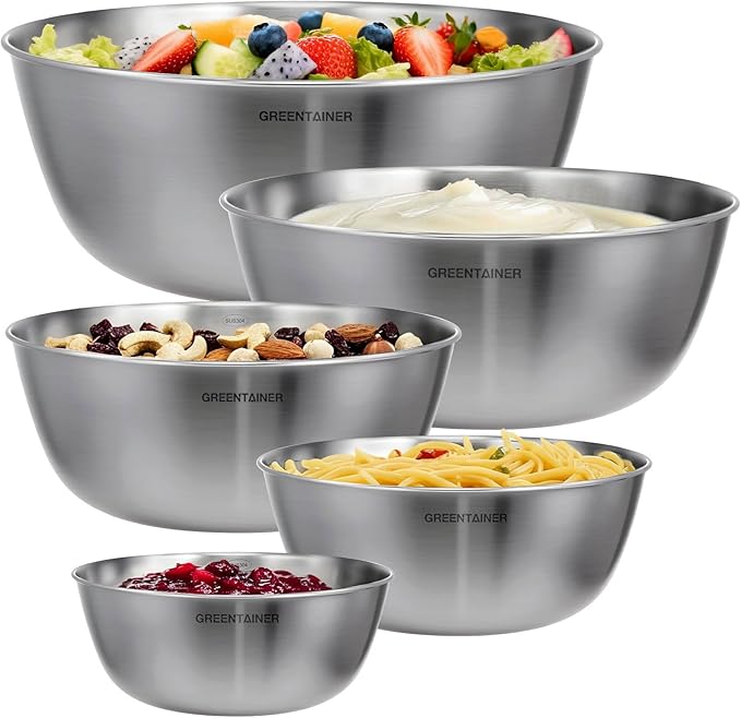 Greentainer Stainless Steel Mixing Bowls Set of 5 | 5.2 to 0.8 Qt Nesting Bowls with Measurement Markings | Dishwasher Safe | Metal Kitchen Bowls for Baking, Prepping, Cooking and Serving Food