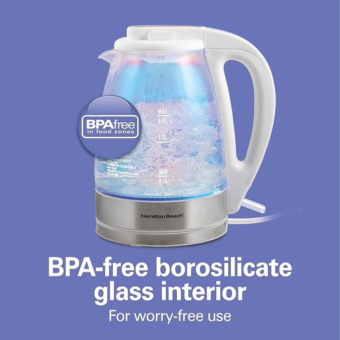 Hamilton Beach 1.7 Liter Electric Tea Kettle, Water Boiler & Heater | Fast Boiling 1500 Watts | BPA Free | Cordless Serving | Auto-Shutoff & Boil-Dry Protection | LED Indicator | Iridescent Glass