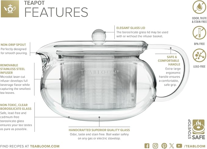 Teabloom Kyoto 2-in-1 Tea Kettle and Tea Maker – Glass Teapot with Removable Loose Tea Infuser – Tea Connoisseur's Choice