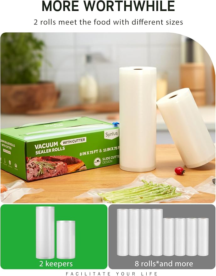 Syntus 11" x 75' and 8" x 75' Vacuum Sealer Bags Rolls Keeper with Cutter | BPA Free, Commercial Grade, Heavy-Duty, Microwave Sous Vide Cooking, Meal Prep, Custom Length, Precise Cuts, for Food Storage