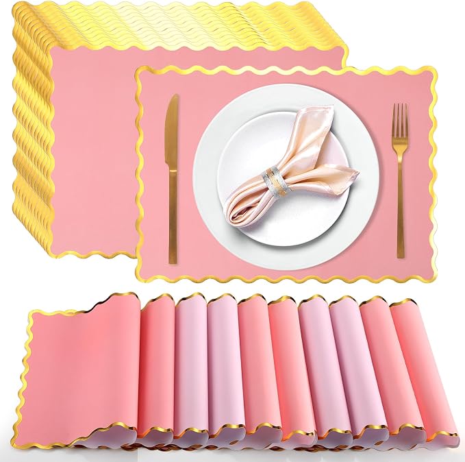 FoldTier 150 Pcs Disposable Paper Placemats Bulk 10"x14" Rectangle Place Mats with Scalloped Edges Dining Table Mat for Wedding Birthday Party Table Decoration(Pink Series)