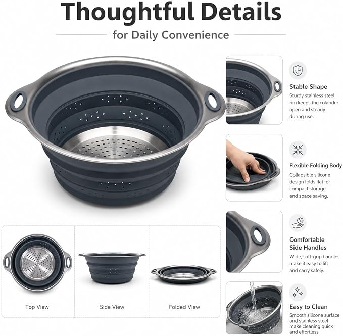 Mejoncb Collapsible Colander – Platinum Silicone Strainer with Stainless Steel Base, BPA-Free & Heat Resistant Kitchen Drain Basket (Gery)