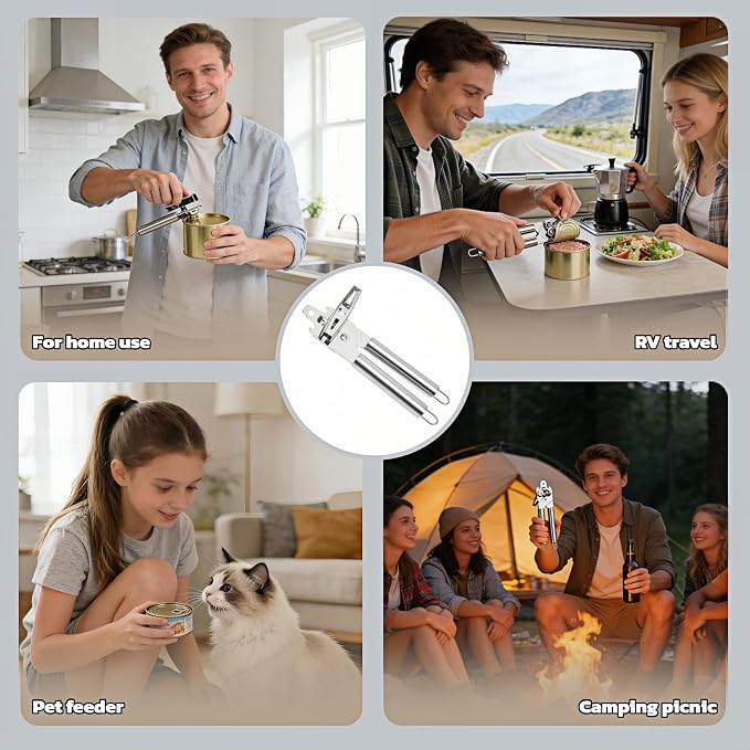 Stainless Steel Manual Can Opener, 3-in-1 Multifunctional, High-Carbon Steel Cutting Wheel, Ergonomic Handle, 7.28 Inch, for Food Cans and Bottles
