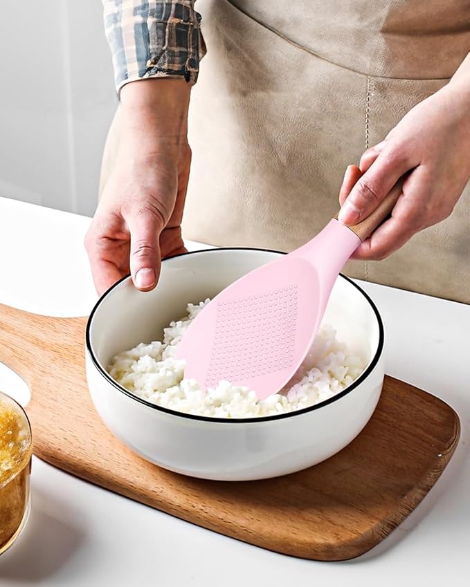 Cooking Spoon and Rice Scooper for Nonstick Cookware,Multi-function | Great for Cooking and Serving, Sturdy BPA-Free Matte Silicone, Wood Handle Spoon for Mixing, Scoop, and Scrape,9.3"+14.3"