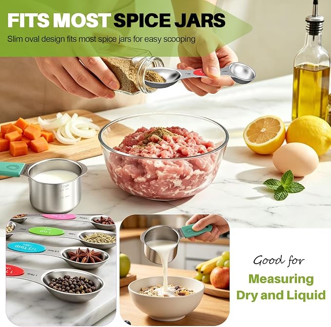 Magnetic Measuring Cups and Spoons Set, 16-Piece Set with Leveler | Strong N52 Magnets, Heavy Duty 304 Stainless Steel, Dual-Sided Design Fits Spice Jars, Easy-to-Read Markings for Cooking