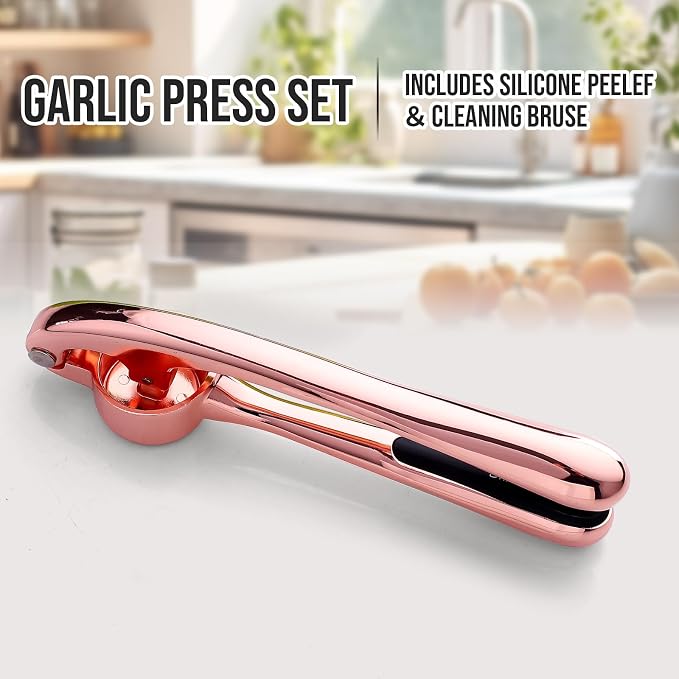 Kitchen Garlic Press, Rust Proof & Dishwasher Safe Garlic Mincer, Durable Garlic Crusher, Easy to Clean and Squeeze, Rose