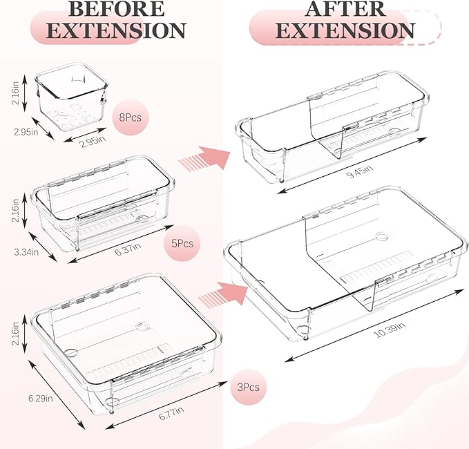 DILIBRA 16 Pcs Clear Extendable Drawer Organizer, Adjustable Drawer Storage | 3-Size Desk Drawer Organizer, Plastic Non-Slip Storage Bins for Makeup Cosmetic Jewelries Utensils Stationery Dressers Tool