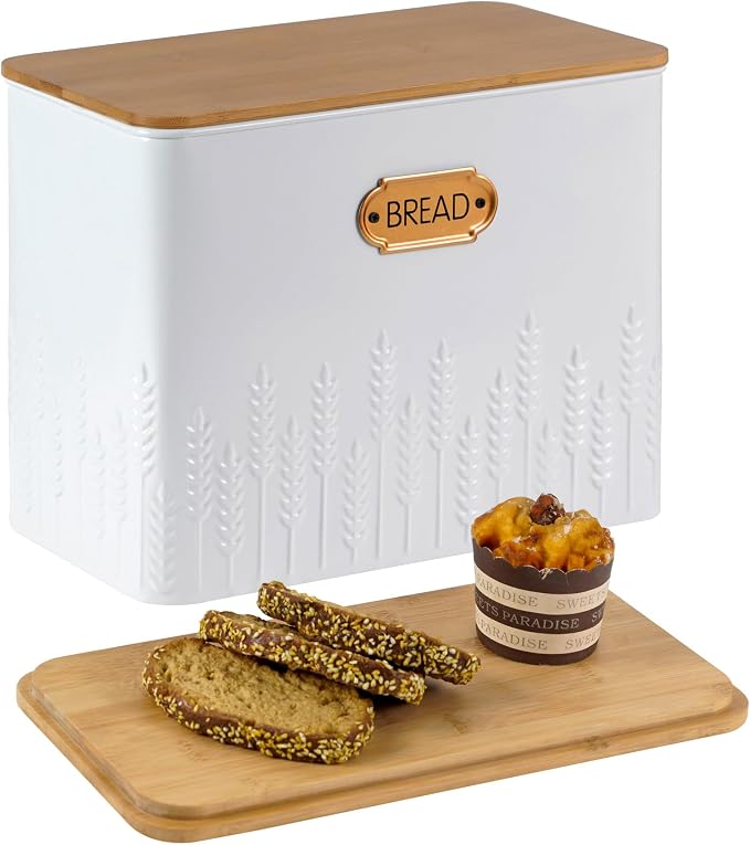 Extra Large Ear of Wheat Embossed Bread Box with Bamboo Lid | Corner Breadbox for Homemade Bread, White Metal Bread Storage Container Bin for Kitchen Countertop, Fits 2 Loaves of Bread