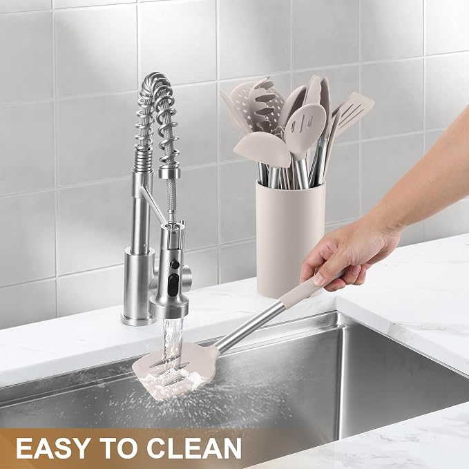 LIANYU 15 Pcs Cooking Utensils Set, Silicone Kitchen Tools with Holder | Heat Resistant, Kitchen Gadgets with Stainless Steel Handle, Brush Spatula Spoon Whisk for Cookware, Dishwasher Safe, Khaki