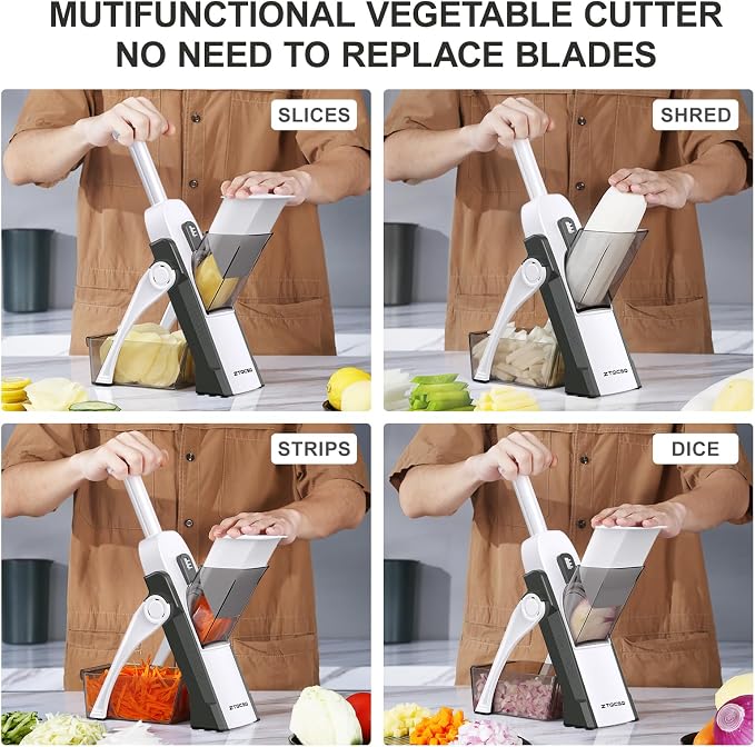 5 in 1 Adjustable Safe Mandoline Slicer for Kitchen with Paring Knife | Safe Mandoline Slicer for Kitchen, Easy to Clean/Storage, Potato Slicing, Strips, Shredding, Dicing, Chop, Cleaning brush