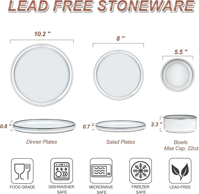 LIANYU 12 Piece Dinnerware Dishes Sets for 4, Stoneware Plates and Bowls | Ceramic Dishware Set for Pasta Dessert Cereal, Rustic Terracotta Bottom, Microwave & Dishwasher Safe, Lucent White