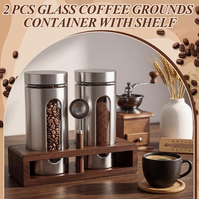 Stainless Steel Coffee Grounds Canisters Container with Shelf | 2 x 50oz, Sugar Coffee Bean Storage Container Set, Airtight Threaded Lid, Glass Window, Scoop, Kitchen Jar for Coffee Bar