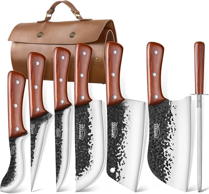 Topfeel 8PCS High Carbon Steel Butcher Knife Set with Leather Roll Bag | Six hand-forged knives: two cleavers, butcher, carving, boning and fillet knives; sharpening rod, full-tang rosewood handles