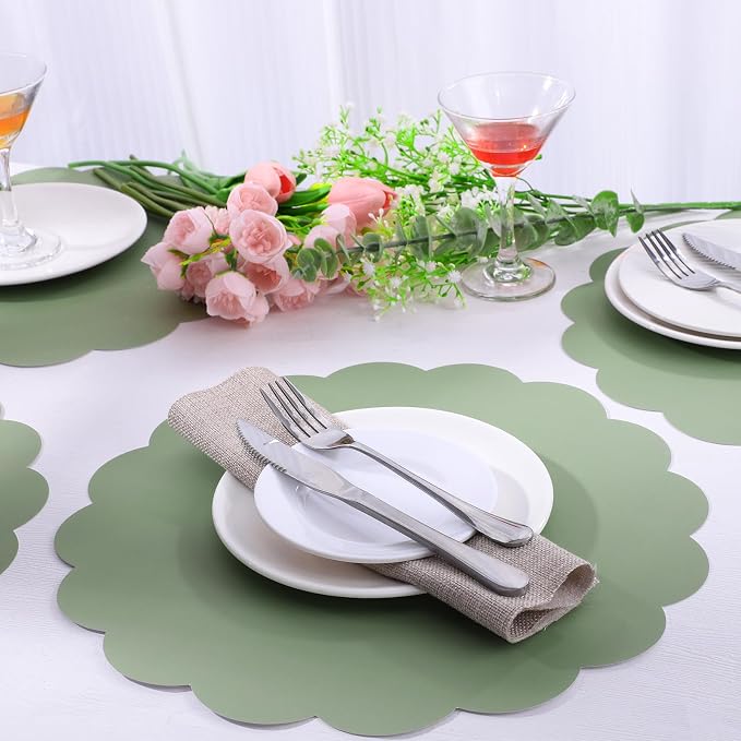 60 Pcs Sage Green Paper Placemat, Disposable Scalloped Wedding Placemats | 13.5 Inch Round Table Place Mats, Round Table Place Mats for Birthday Wedding Bridal Shower Baby Shower Banquet Tea Party