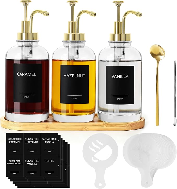Coffee Syrup Dispenser,Syrup Dispenser for Coffee Bar，Syrup Bottles with Pump，16.9 Fl Oz Glass Honey Bottle for Coffee Bar，3 Pack，Gold