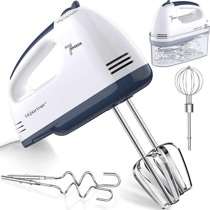 LILPARTNER Electric Hand Mixer with Storage Box, Ultra Power Kitchen Hand Mixer With 7-Speed & 5 Stainless Steel Accessories for Whipping Dough, Cream, Cake, Dishwasher Safe, WHITE BOX